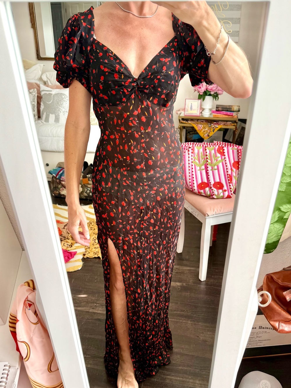 NWT Rat & Boa Magnolia Floral Maxi Dress Red Black Slit Puff Sleeve